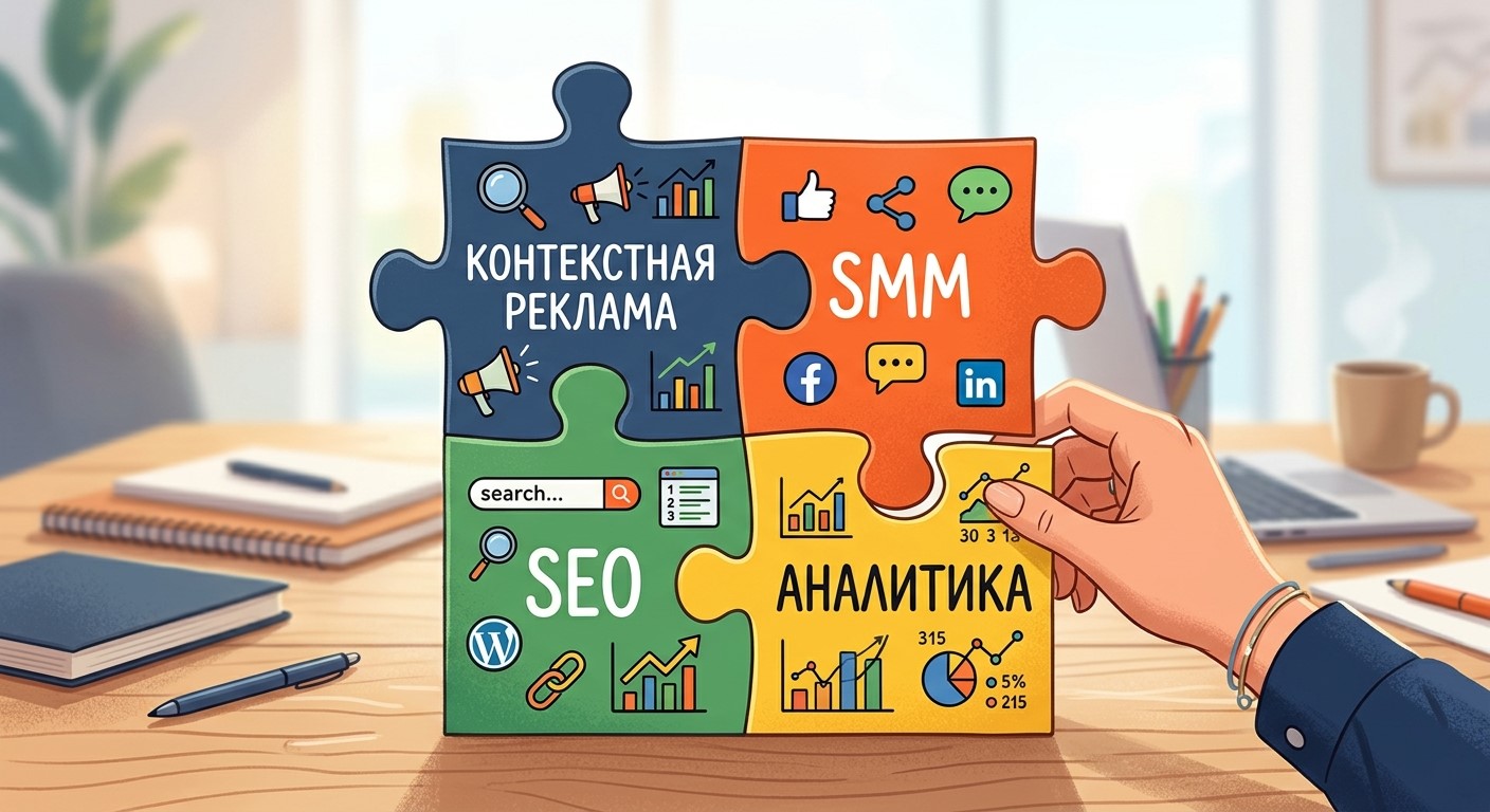 Связка каналов SEO, рекламы, SMM и аналитики