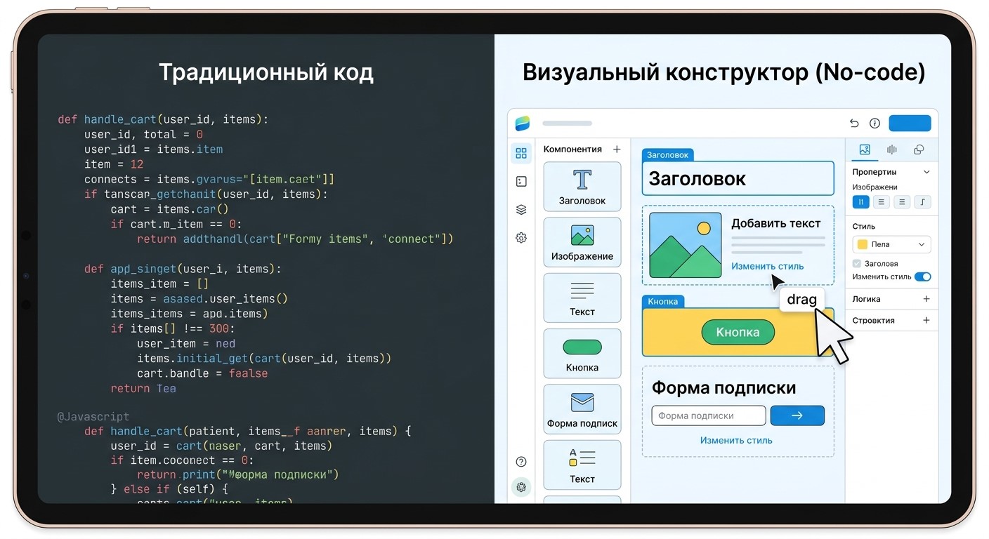 сравнение традиционного кода и визуального конструктора сайтов