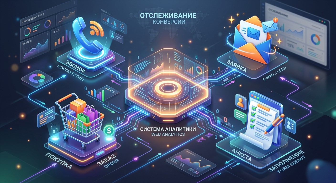 Выбор типа цели URL, JavaScript-событие, звонок и email