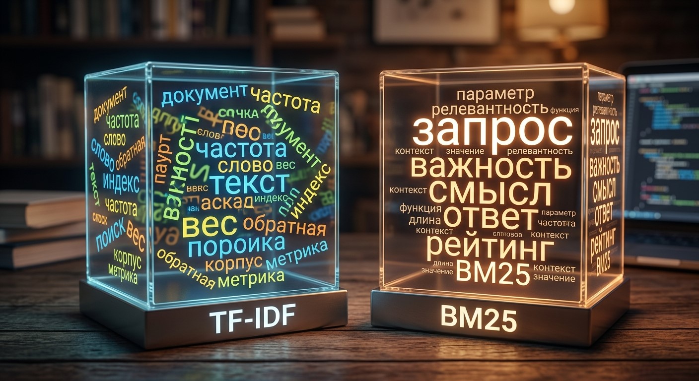 Формула BM25 с параметрами k1, b, IDF и длиной документа