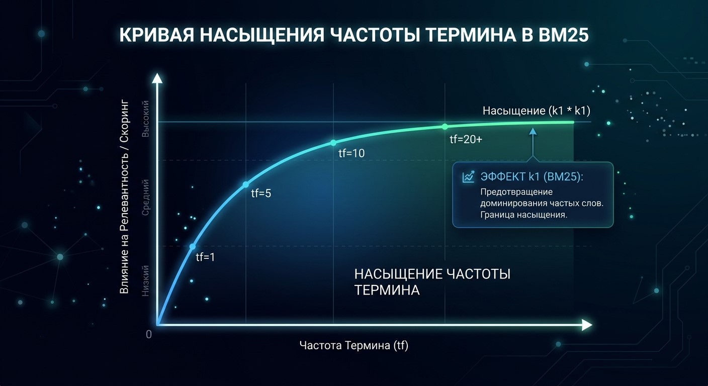 График насыщения частоты термина в алгоритме BM25 при разных значениях k1