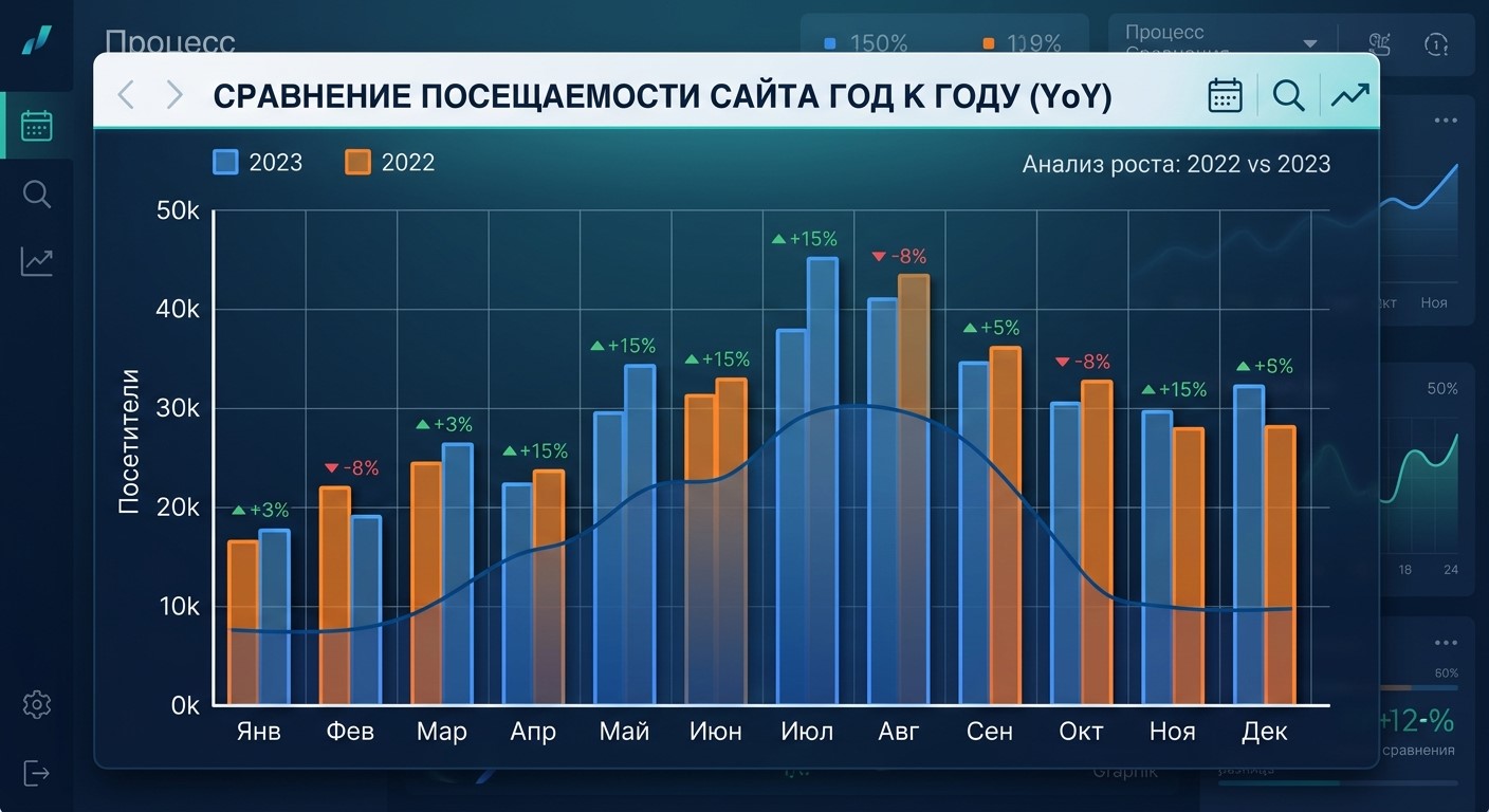 Сравнение посещаемости сайта год к году при диагностике падения